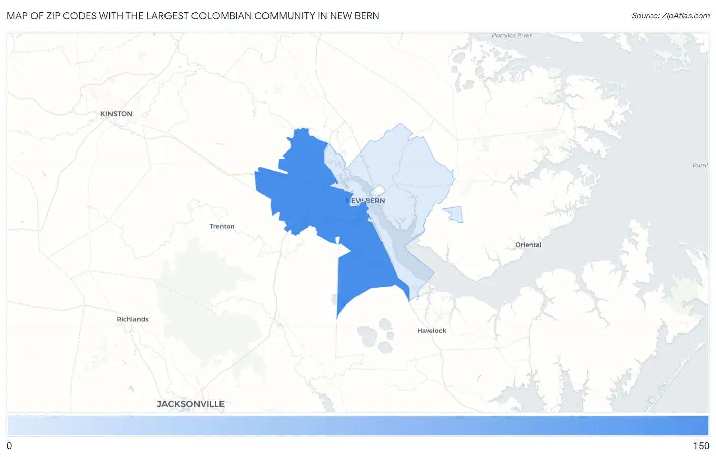 Zip Codes with the Largest Colombian Community in New Bern Map
