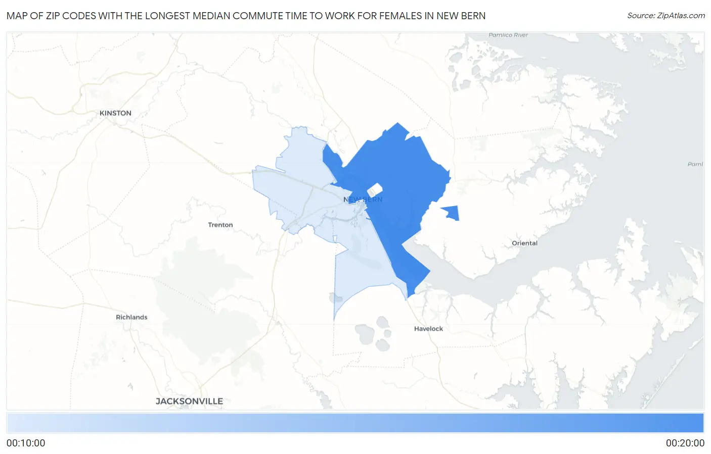 Zip Codes with the Longest Median Commute Time to Work for Females in New Bern Map