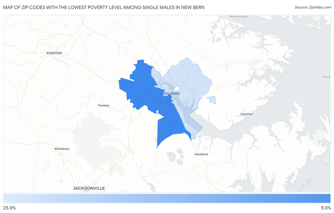 Zip Codes with the Lowest Poverty Level Among Single Males in New Bern Map