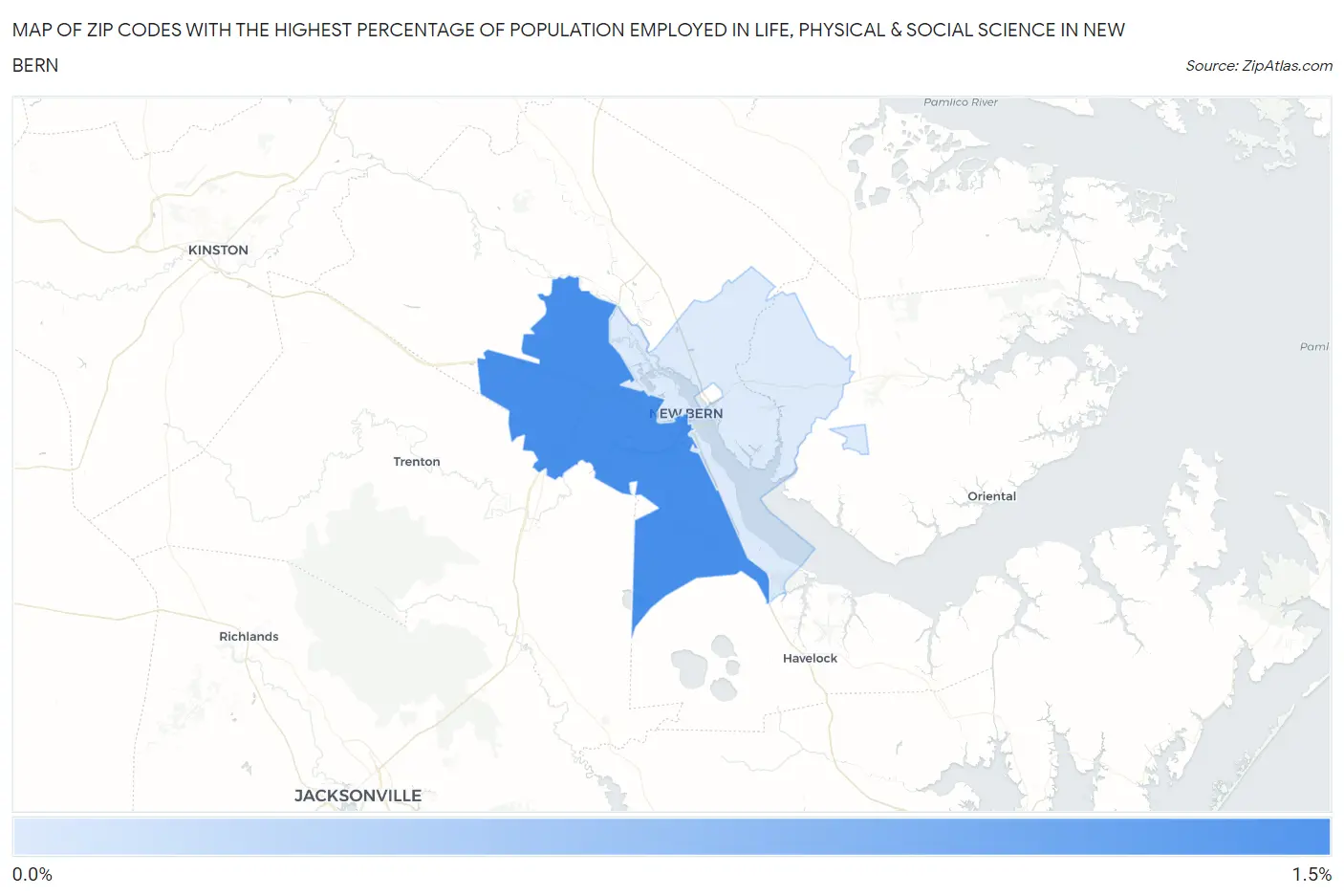 Zip Codes with the Highest Percentage of Population Employed in Life, Physical & Social Science in New Bern Map