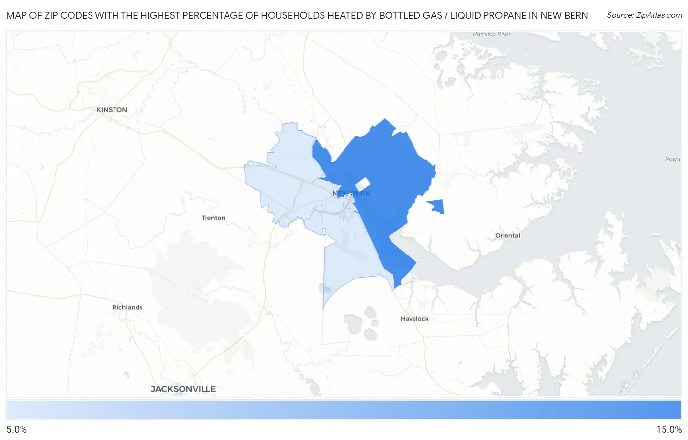 Zip Codes with the Highest Percentage of Households Heated by Bottled Gas / Liquid Propane in New Bern Map