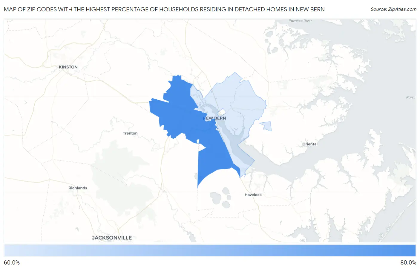 Zip Codes with the Highest Percentage of Households Residing in Detached Homes in New Bern Map