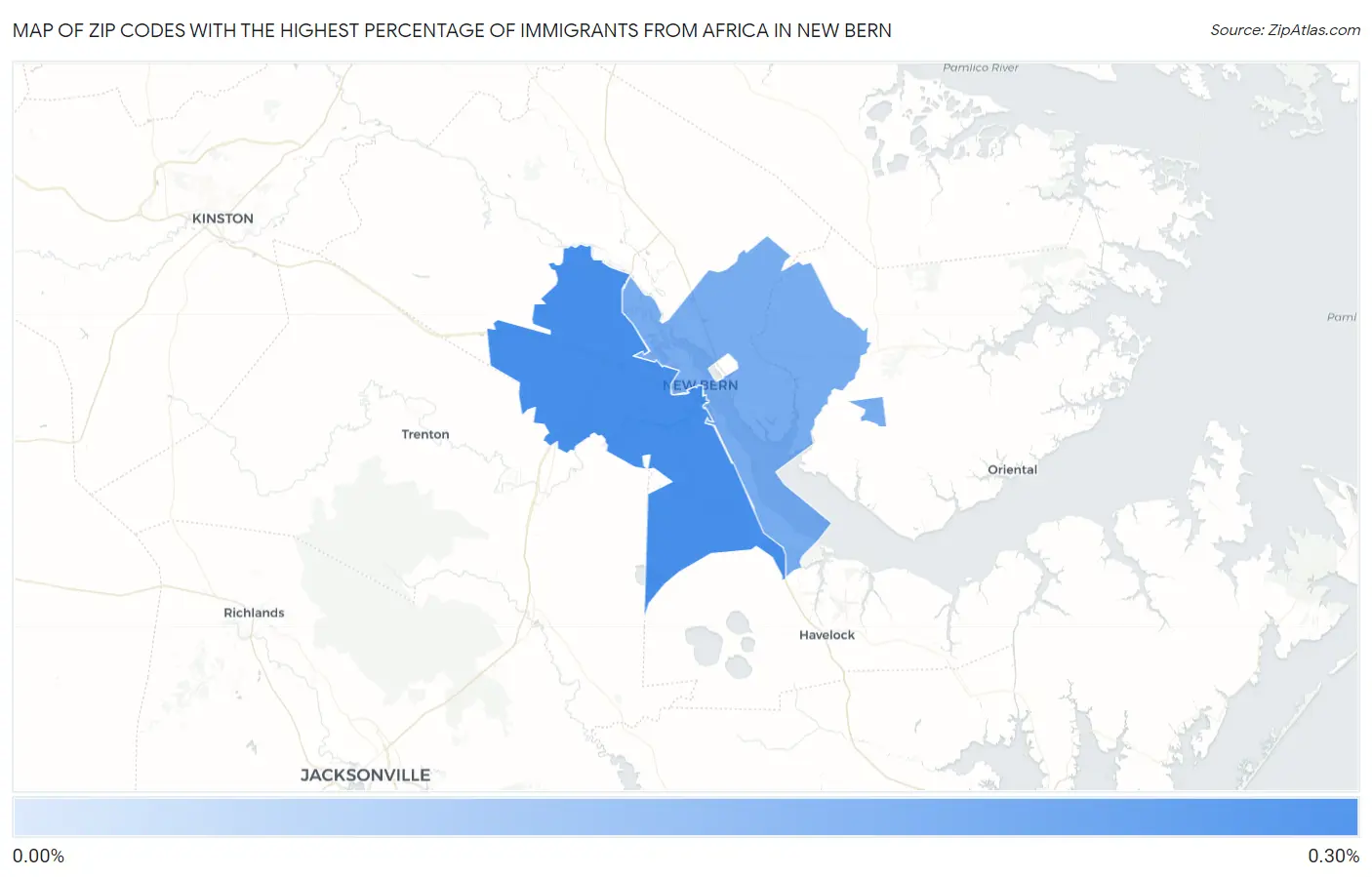Zip Codes with the Highest Percentage of Immigrants from Africa in New Bern Map