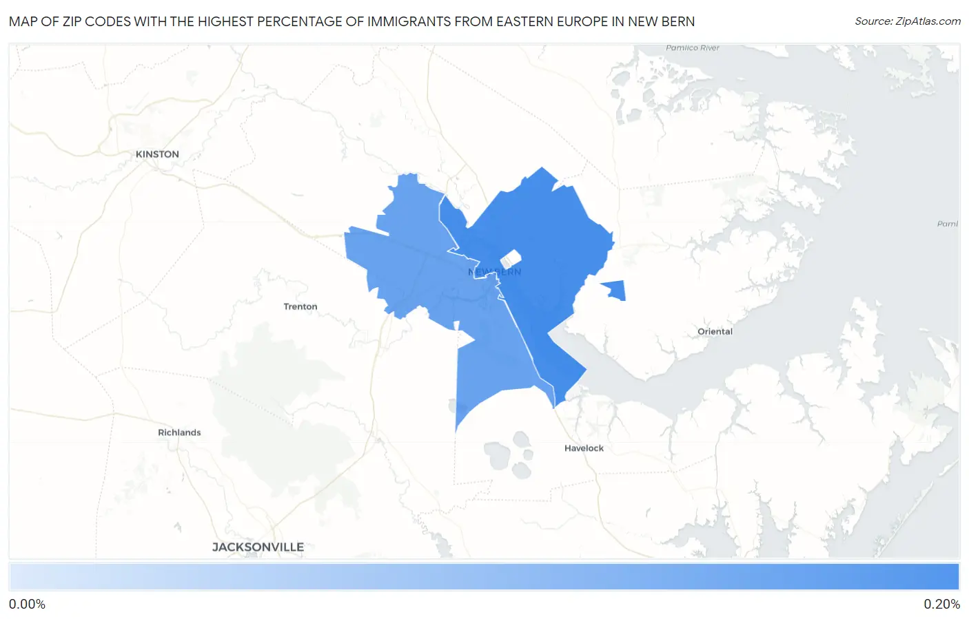 Zip Codes with the Highest Percentage of Immigrants from Eastern Europe in New Bern Map