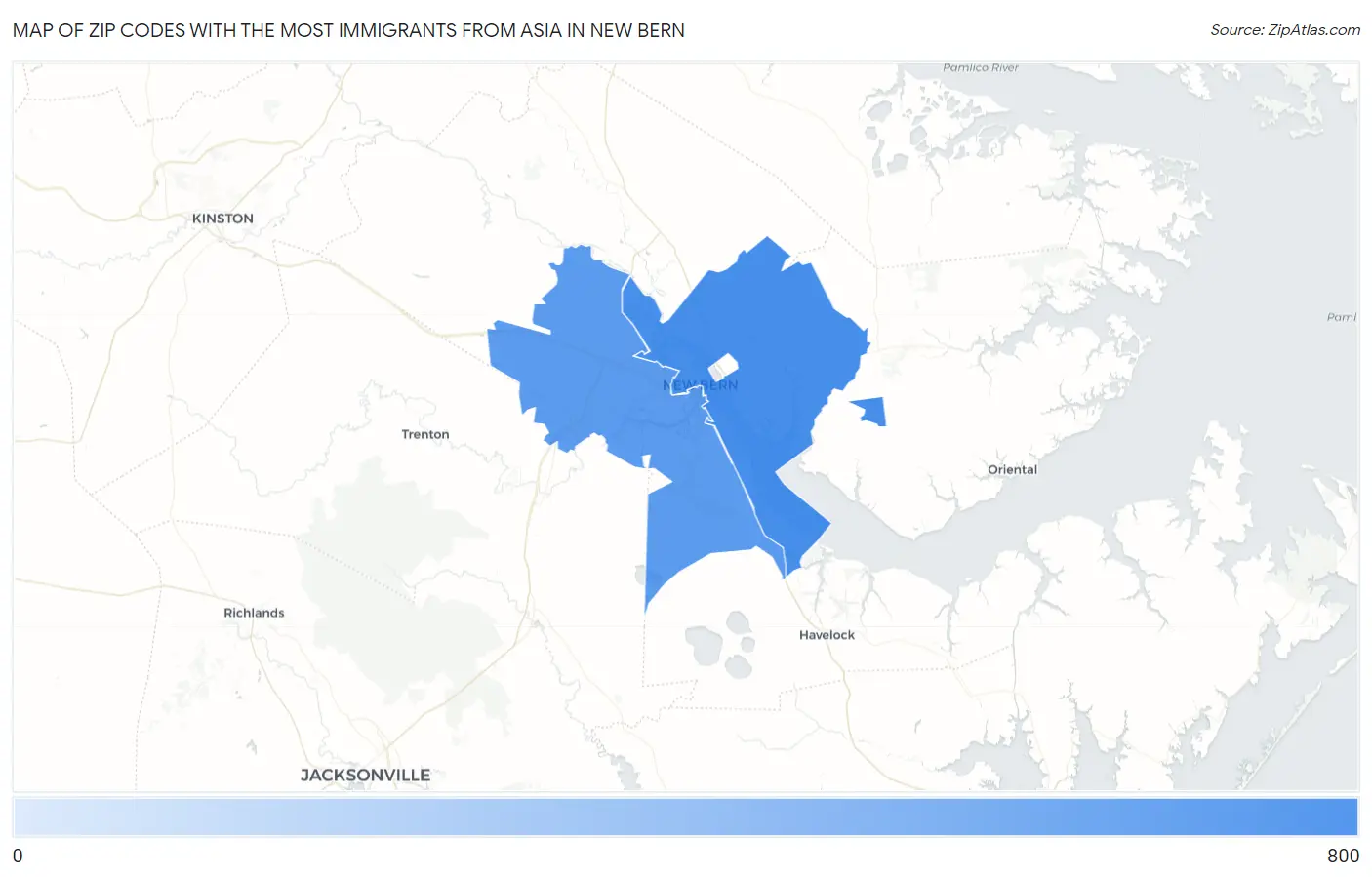Zip Codes with the Most Immigrants from Asia in New Bern Map