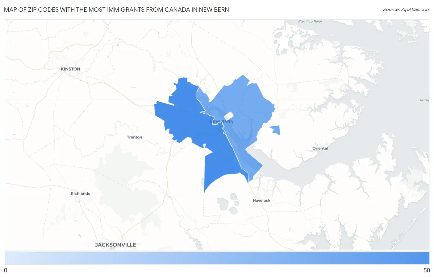 Zip Codes with the Most Immigrants from Canada in New Bern Map