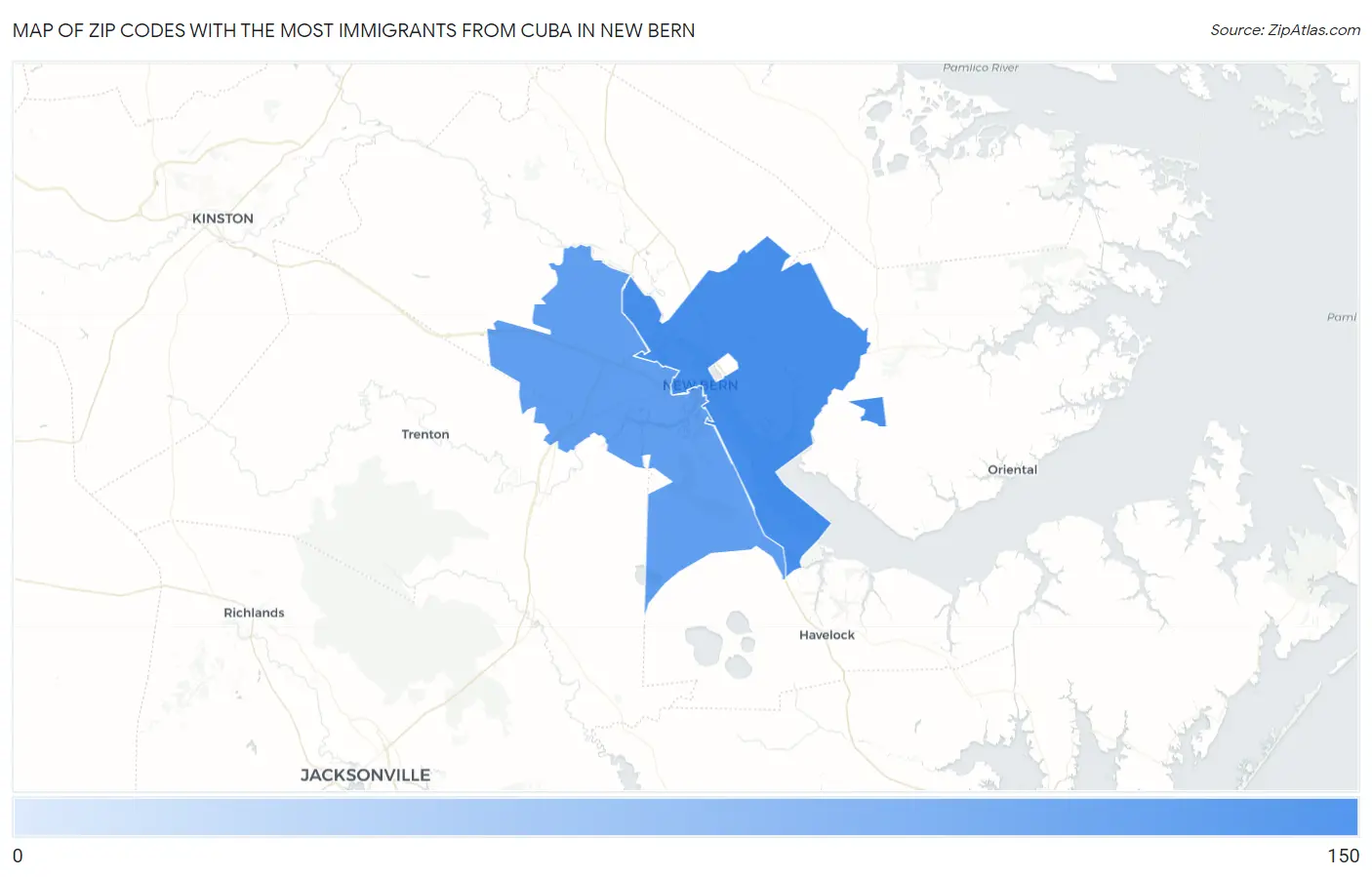 Zip Codes with the Most Immigrants from Cuba in New Bern Map