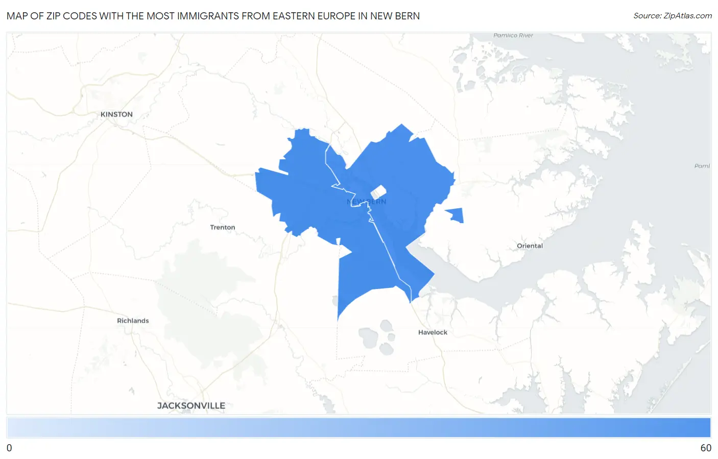 Zip Codes with the Most Immigrants from Eastern Europe in New Bern Map