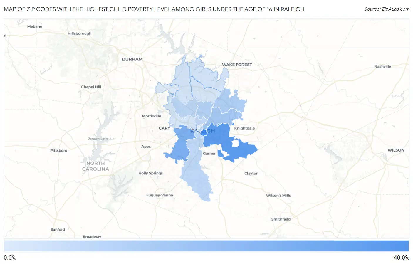 Zip Codes with the Highest Child Poverty Level Among Girls Under the Age of 16 in Raleigh Map