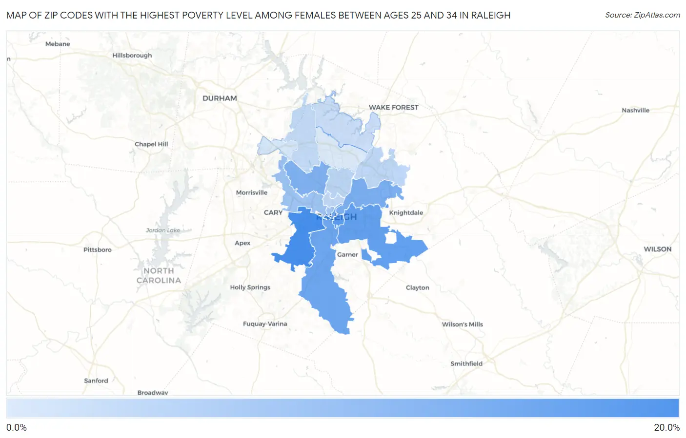 Zip Codes with the Highest Poverty Level Among Females Between Ages 25 and 34 in Raleigh Map