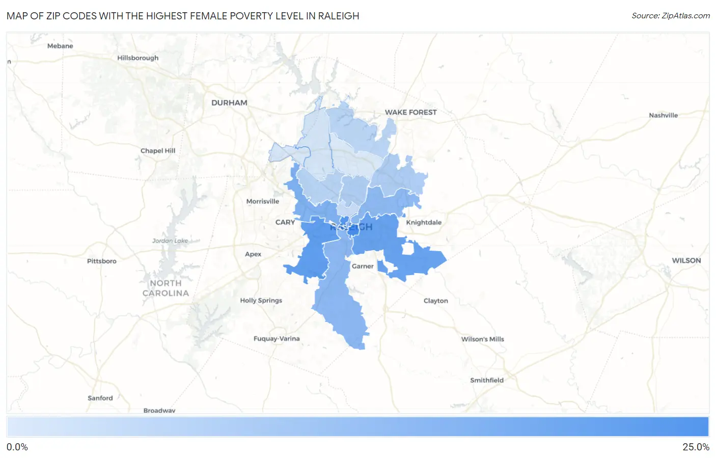 Zip Codes with the Highest Female Poverty Level in Raleigh Map