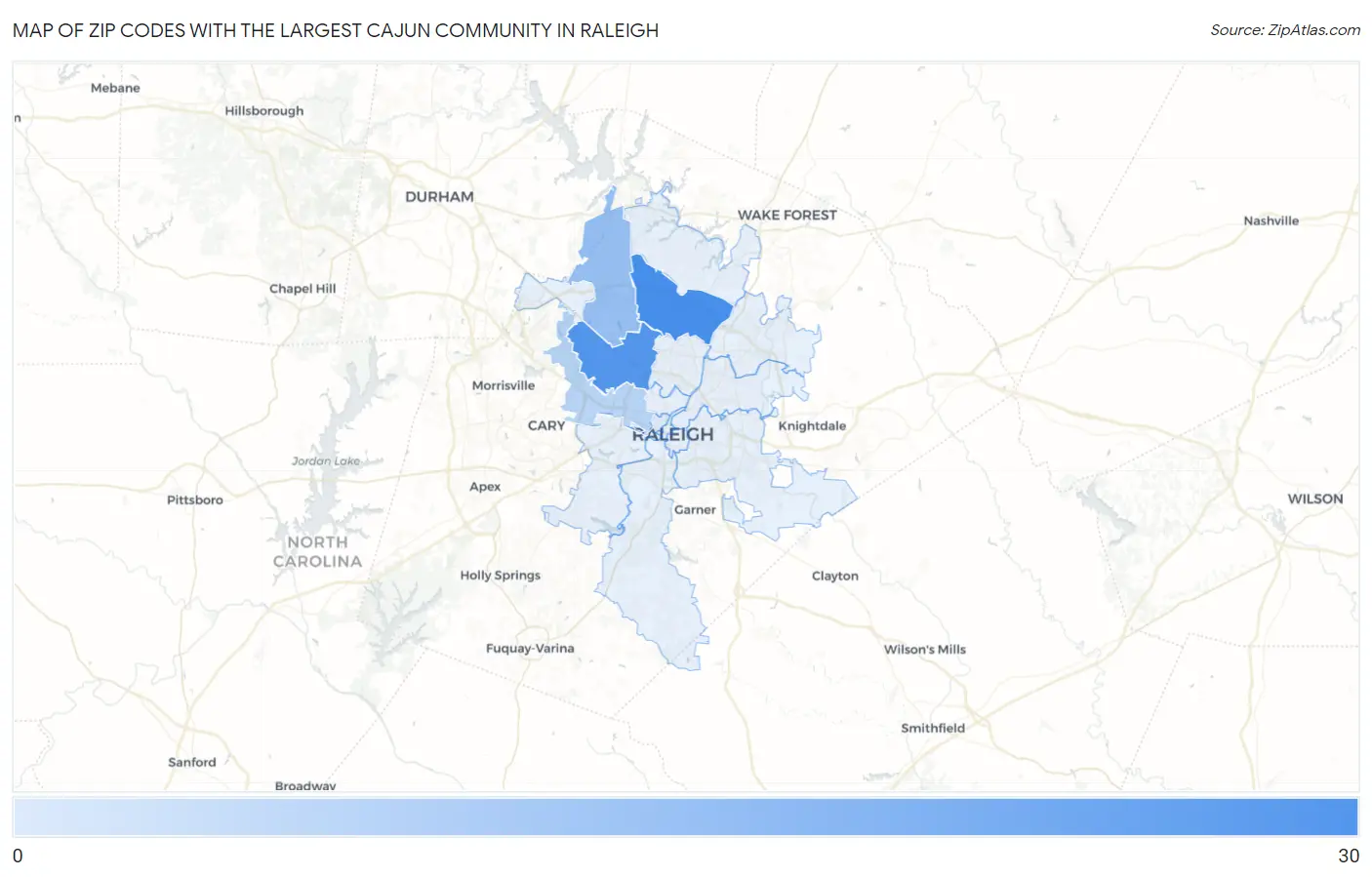 Zip Codes with the Largest Cajun Community in Raleigh Map