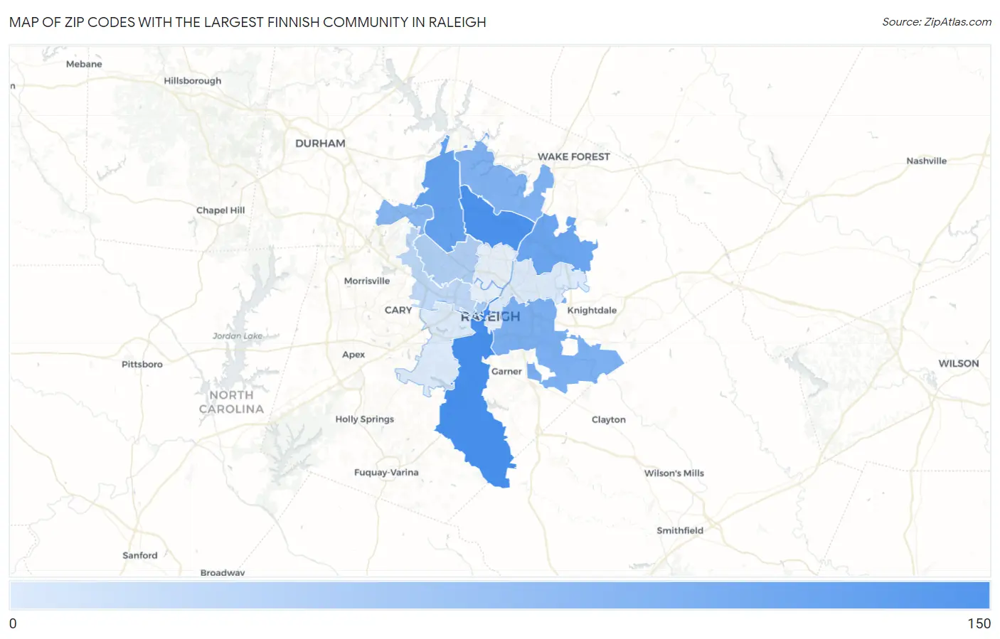 Zip Codes with the Largest Finnish Community in Raleigh Map