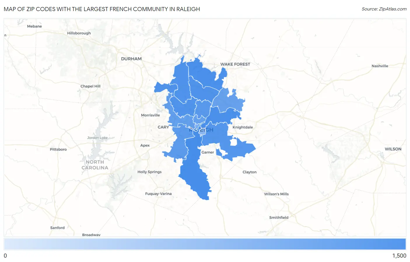 Zip Codes with the Largest French Community in Raleigh Map