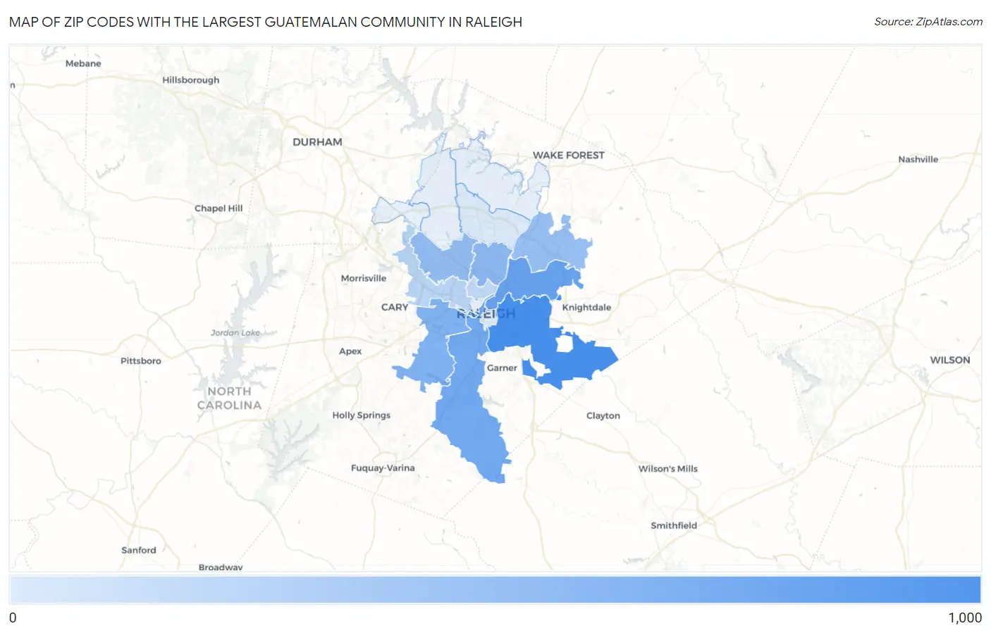 Zip Codes with the Largest Guatemalan Community in Raleigh Map