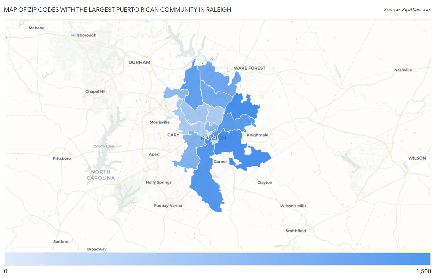 Zip Codes with the Largest Puerto Rican Community in Raleigh Map