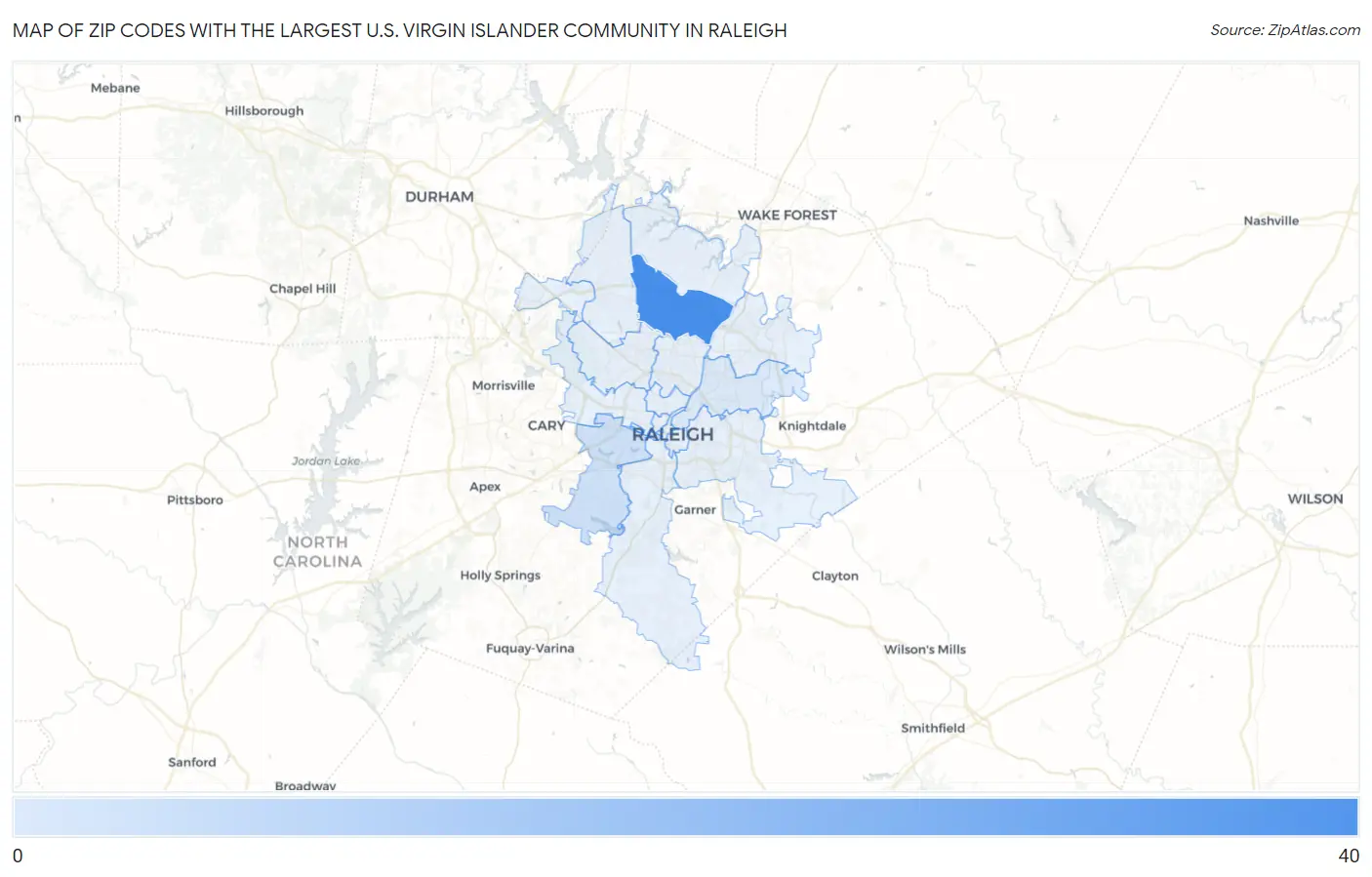 Zip Codes with the Largest U.S. Virgin Islander Community in Raleigh Map