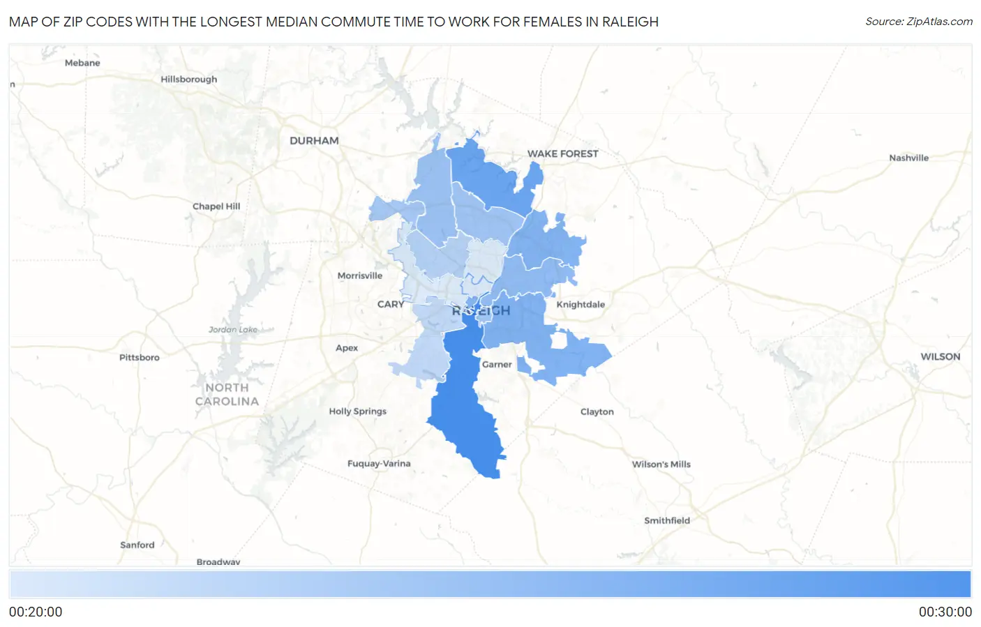 Zip Codes with the Longest Median Commute Time to Work for Females in Raleigh Map