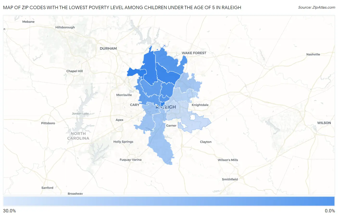 Zip Codes with the Lowest Poverty Level Among Children Under the Age of 5 in Raleigh Map