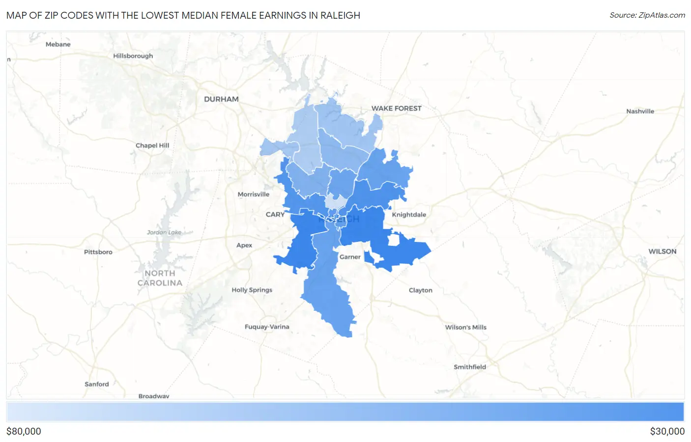 Zip Codes with the Lowest Median Female Earnings in Raleigh Map