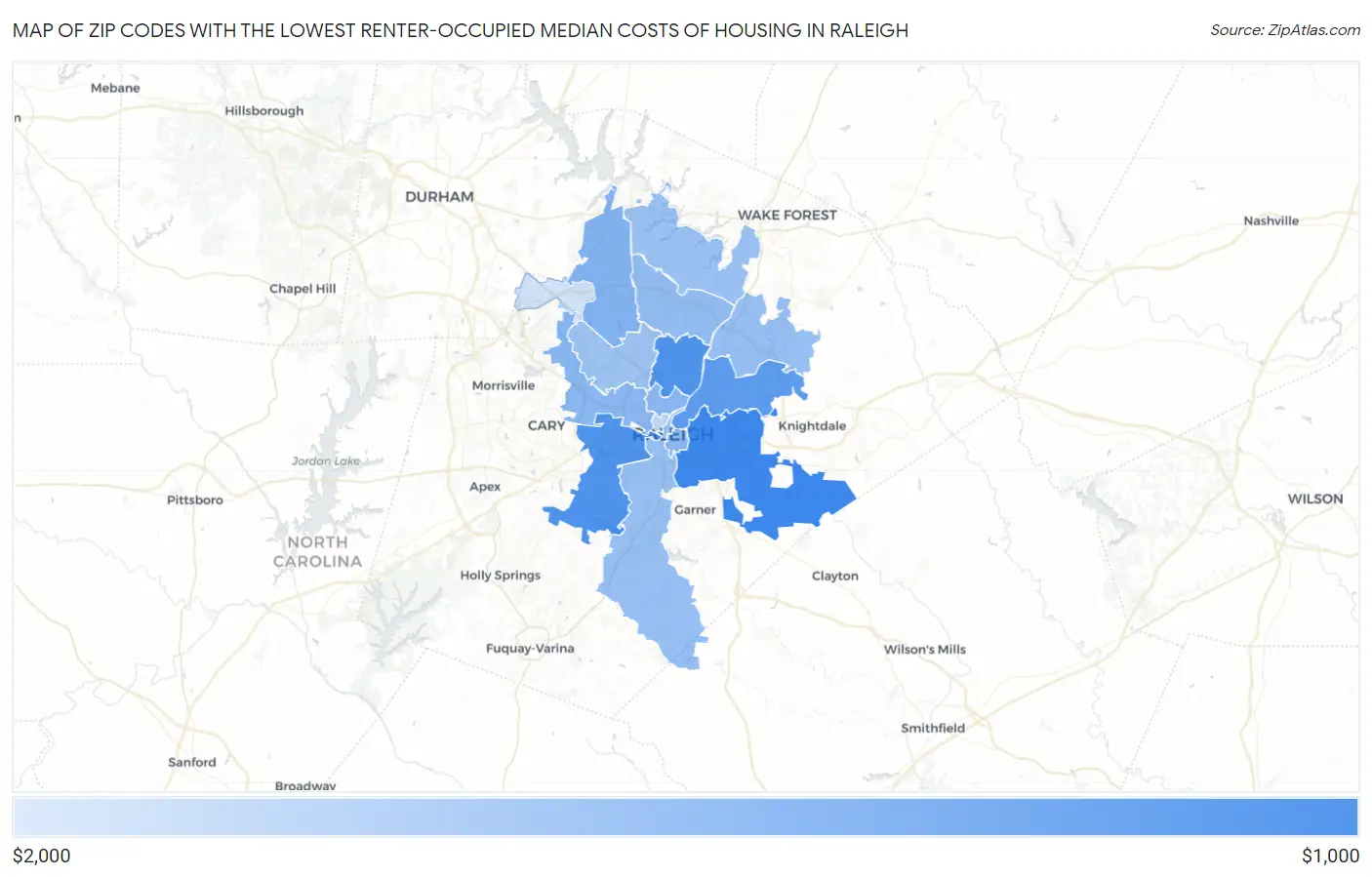 Zip Codes with the Lowest Renter-Occupied Median Costs of Housing in Raleigh Map