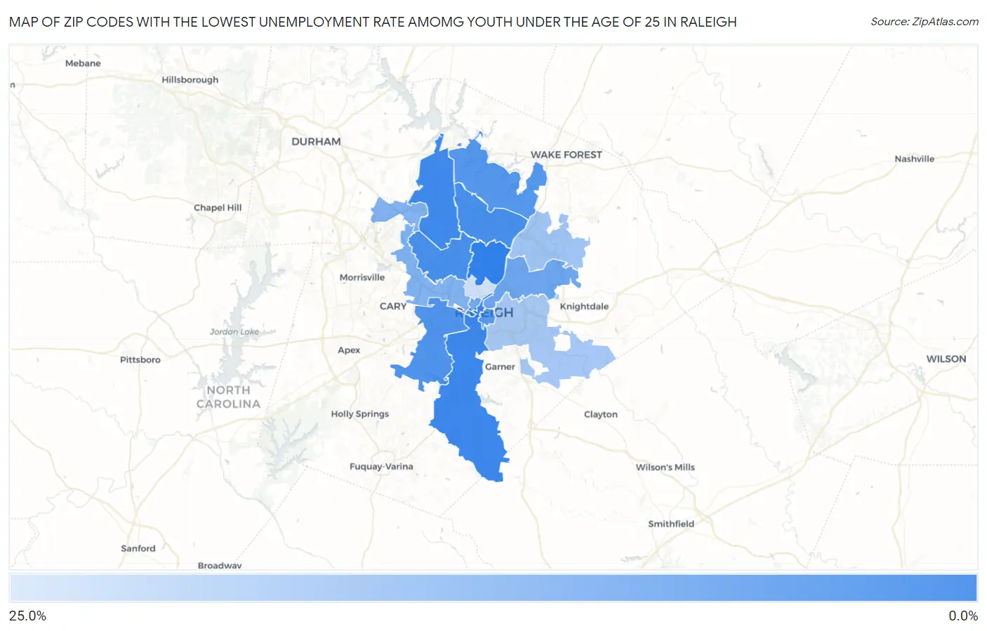 Zip Codes with the Lowest Unemployment Rate Amomg Youth Under the Age of 25 in Raleigh Map