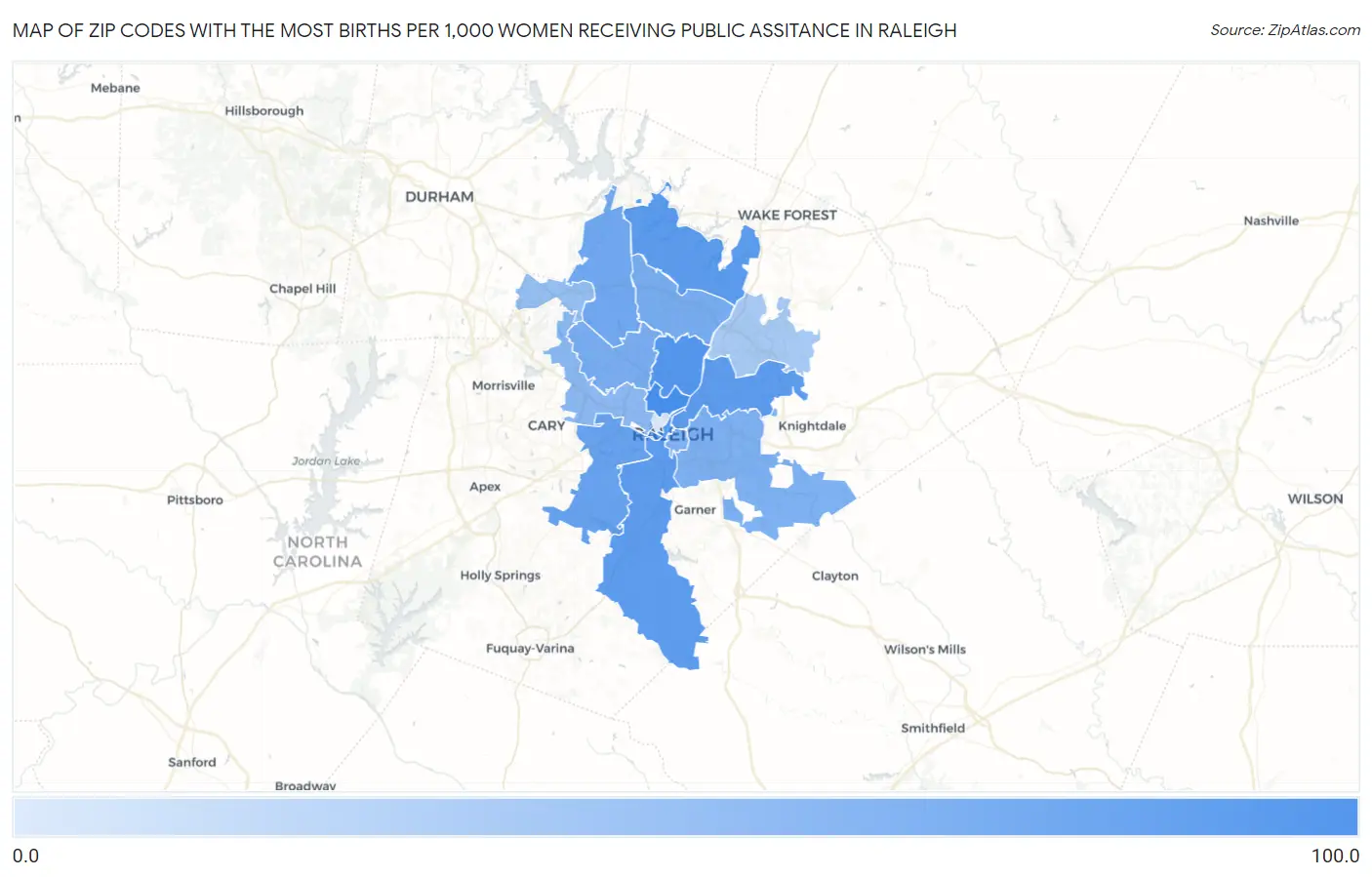 Zip Codes with the Most Births per 1,000 Women Receiving Public Assitance in Raleigh Map