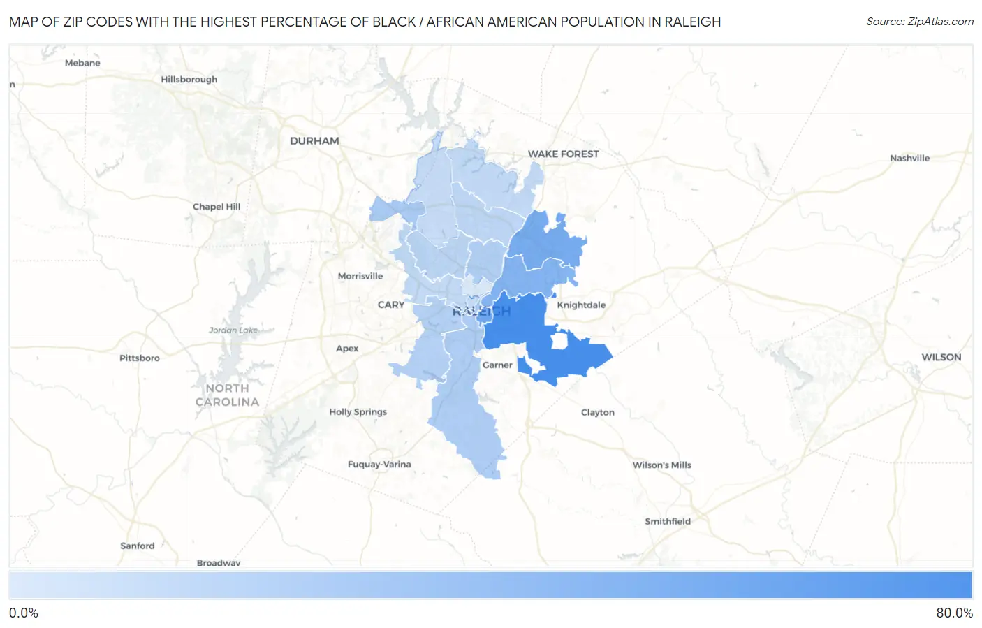 Zip Codes with the Highest Percentage of Black / African American Population in Raleigh Map
