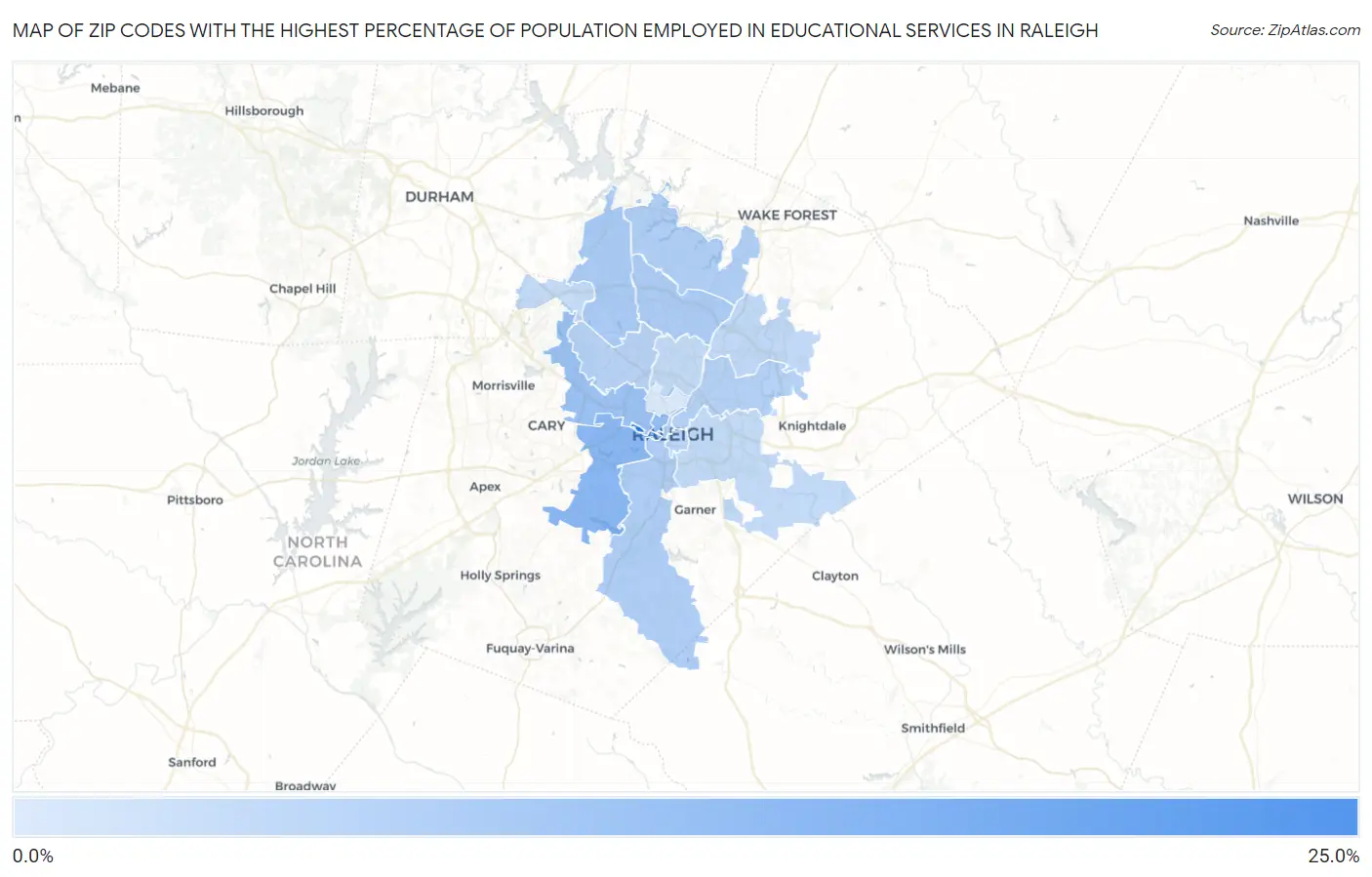 Zip Codes with the Highest Percentage of Population Employed in Educational Services in Raleigh Map