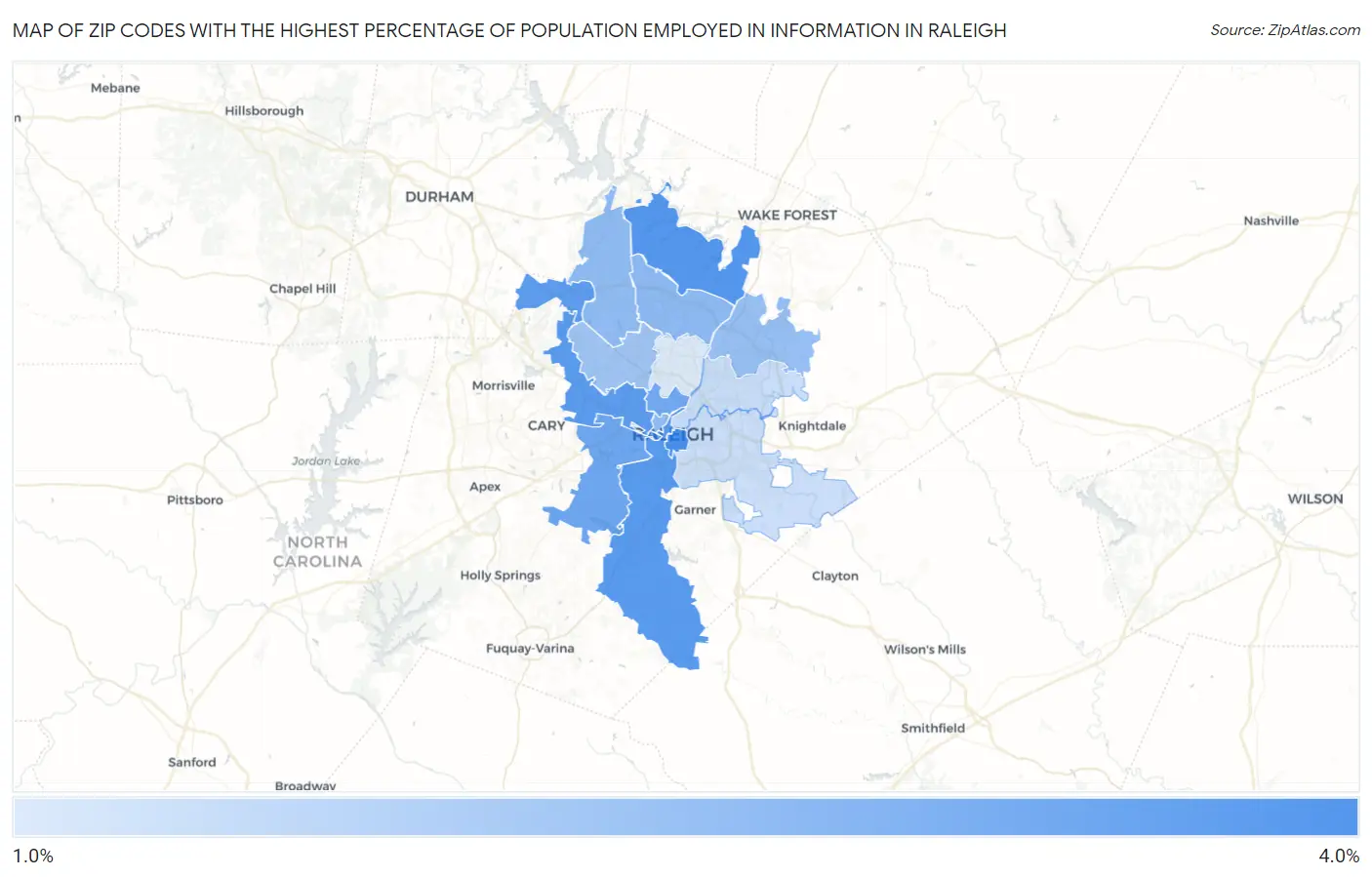 Zip Codes with the Highest Percentage of Population Employed in Information in Raleigh Map