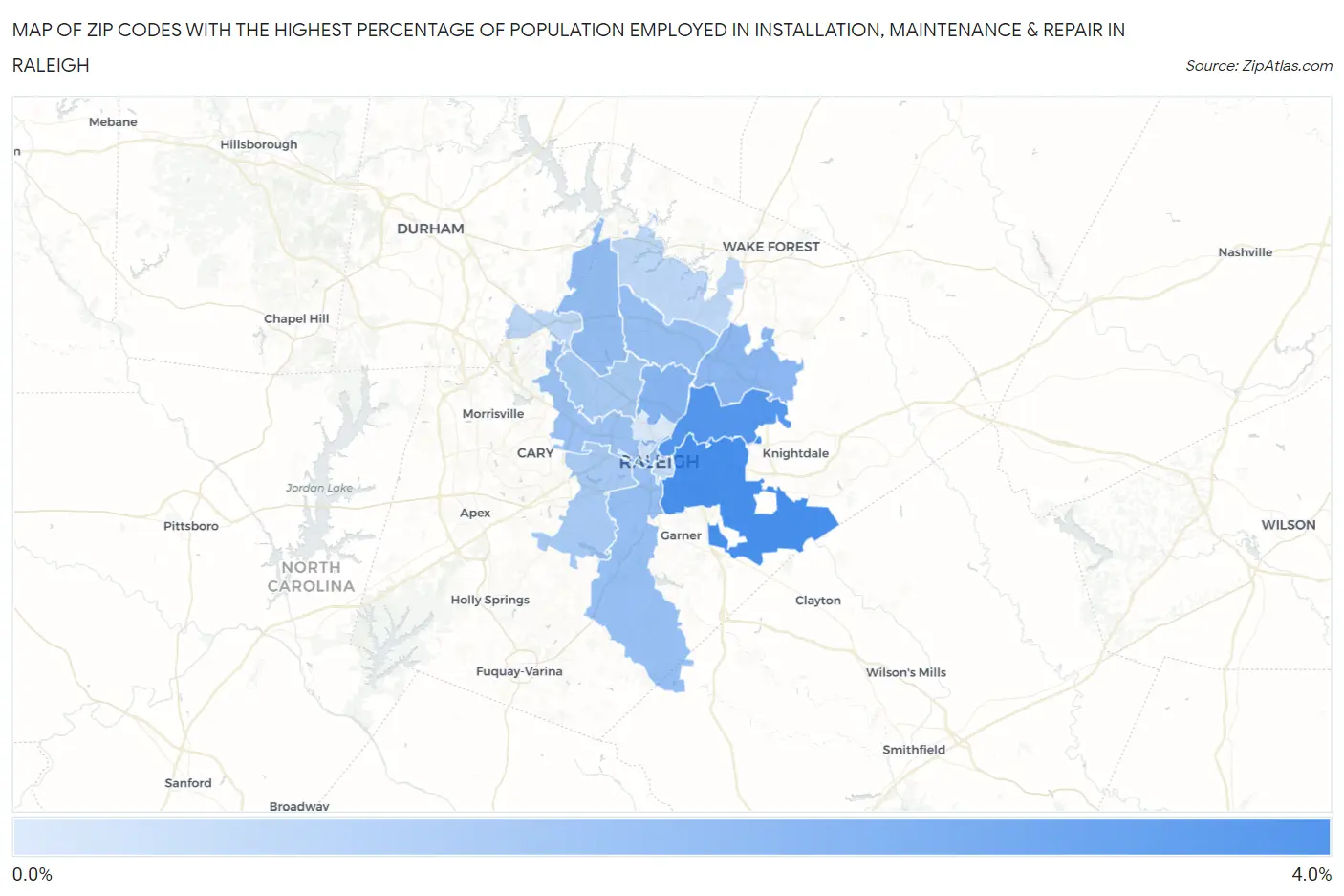 Zip Codes with the Highest Percentage of Population Employed in Installation, Maintenance & Repair in Raleigh Map