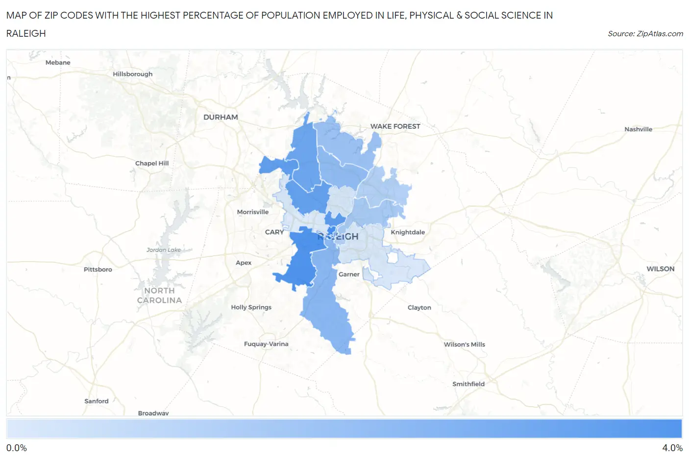 Zip Codes with the Highest Percentage of Population Employed in Life, Physical & Social Science in Raleigh Map