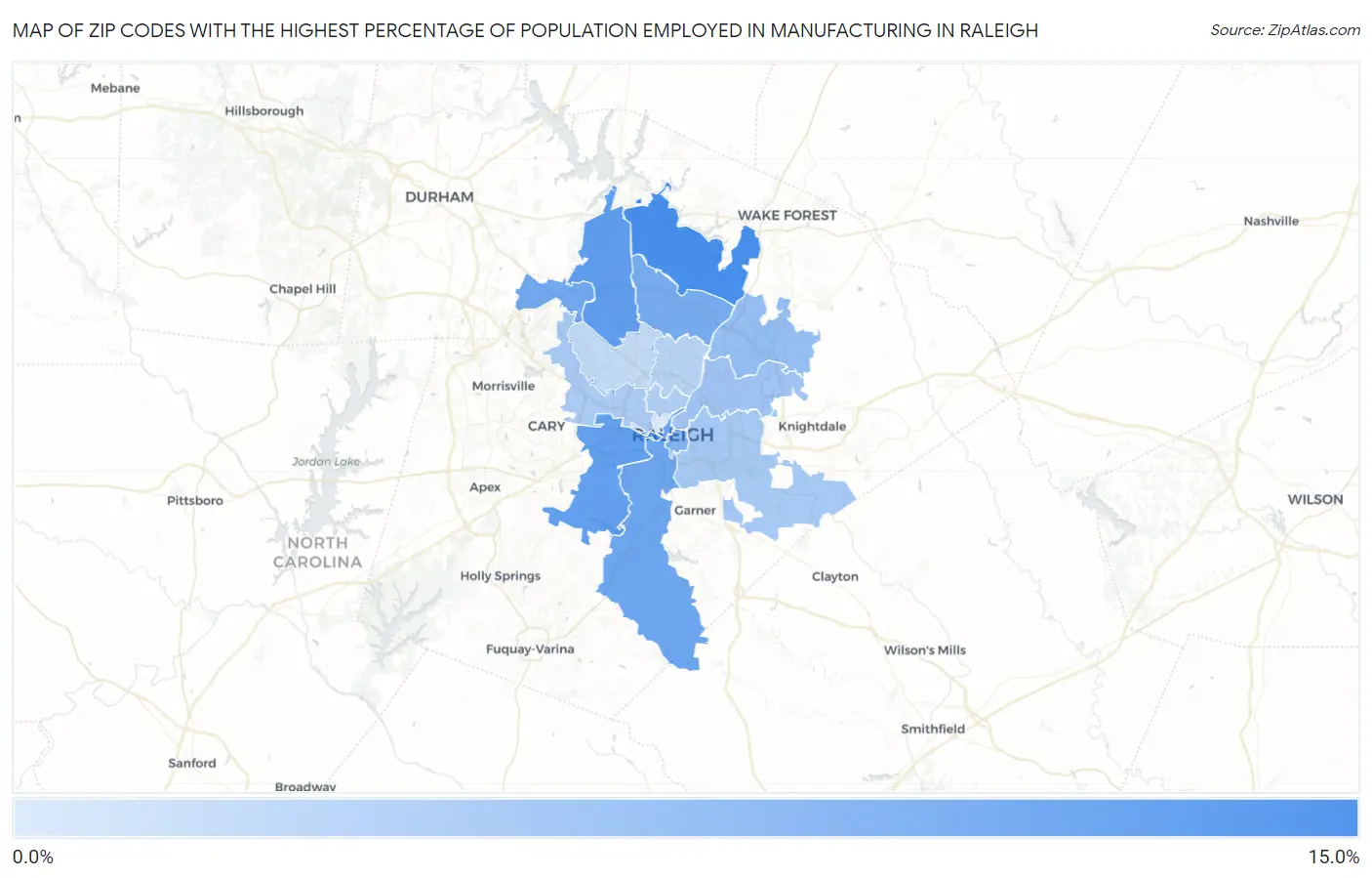 Zip Codes with the Highest Percentage of Population Employed in Manufacturing in Raleigh Map