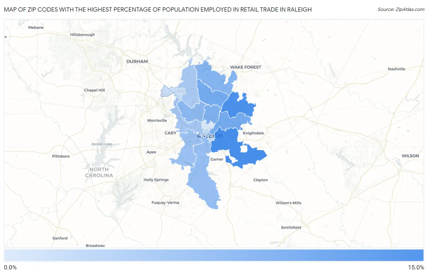 Zip Codes with the Highest Percentage of Population Employed in Retail Trade in Raleigh Map