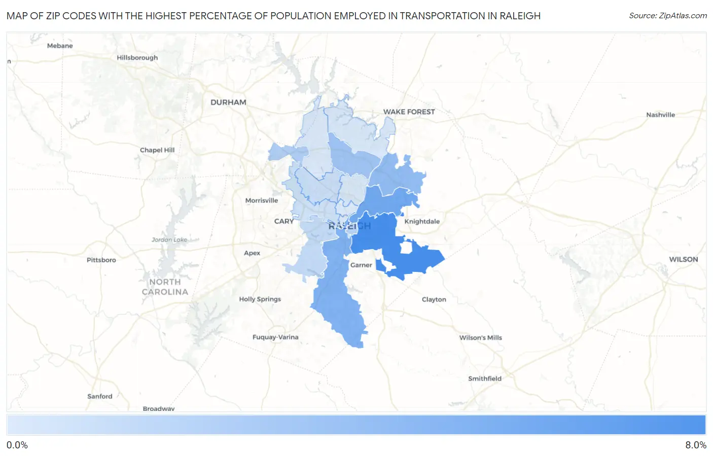 Zip Codes with the Highest Percentage of Population Employed in Transportation in Raleigh Map