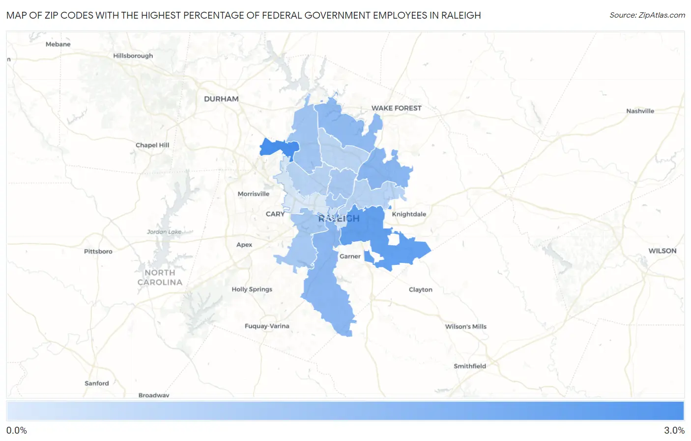 Zip Codes with the Highest Percentage of Federal Government Employees in Raleigh Map