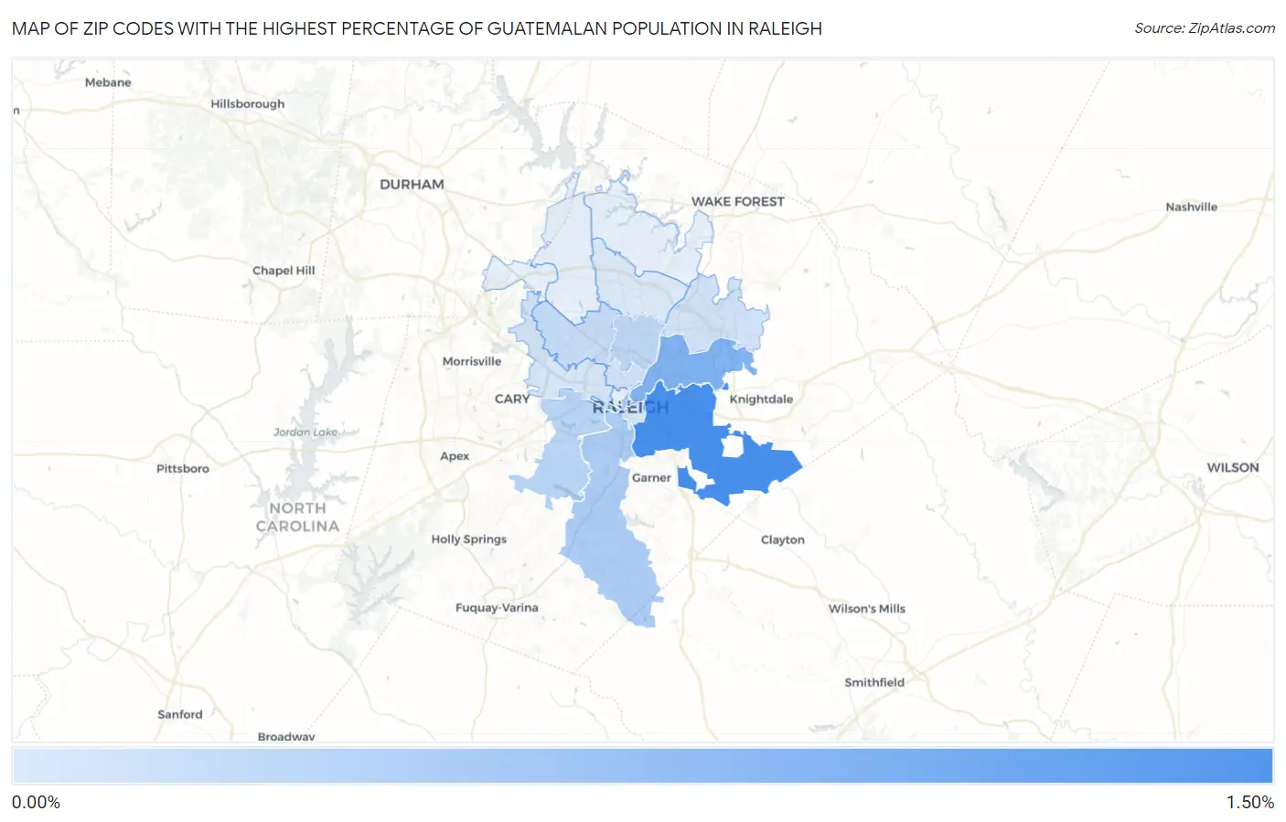Zip Codes with the Highest Percentage of Guatemalan Population in Raleigh Map