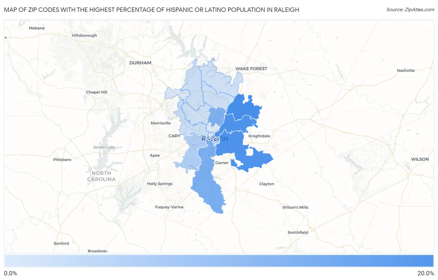Zip Codes with the Highest Percentage of Hispanic or Latino Population in Raleigh Map