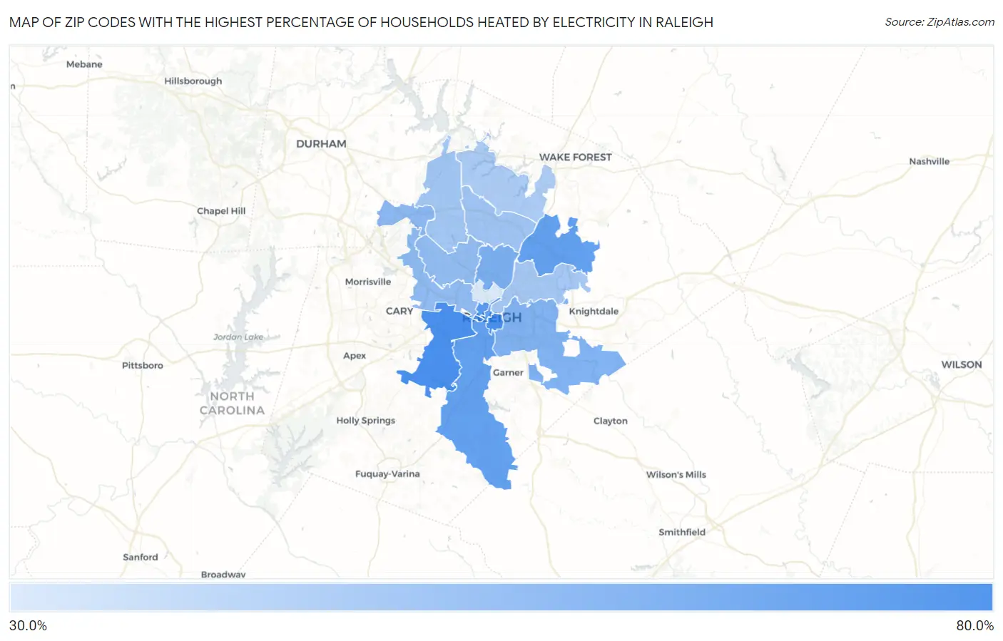 Zip Codes with the Highest Percentage of Households Heated by Electricity in Raleigh Map