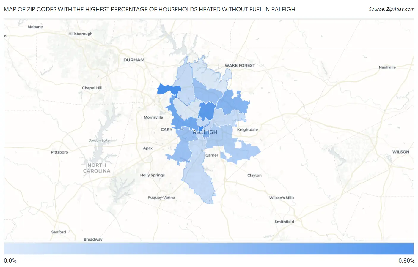 Zip Codes with the Highest Percentage of Households Heated without Fuel in Raleigh Map