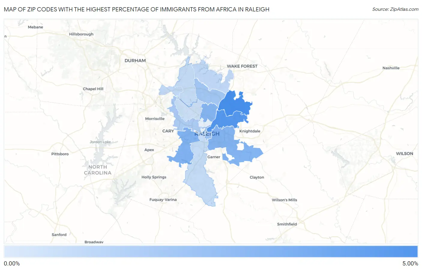Zip Codes with the Highest Percentage of Immigrants from Africa in Raleigh Map