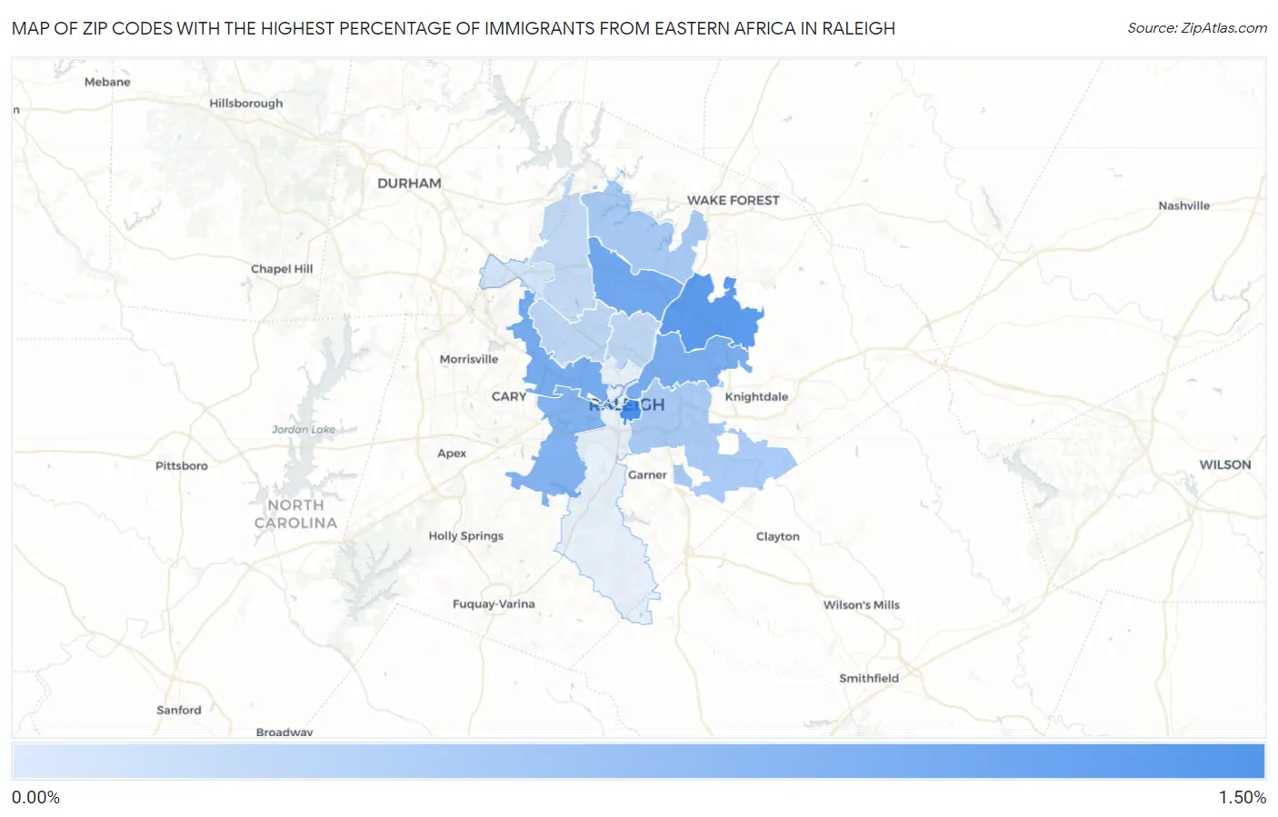 Zip Codes with the Highest Percentage of Immigrants from Eastern Africa in Raleigh Map