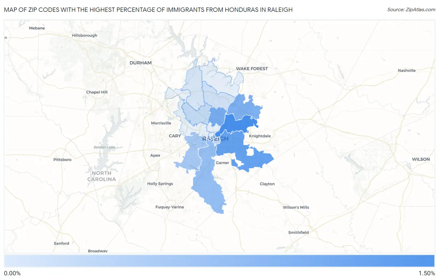 Zip Codes with the Highest Percentage of Immigrants from Honduras in Raleigh Map