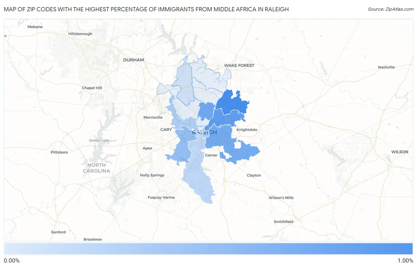 Zip Codes with the Highest Percentage of Immigrants from Middle Africa in Raleigh Map