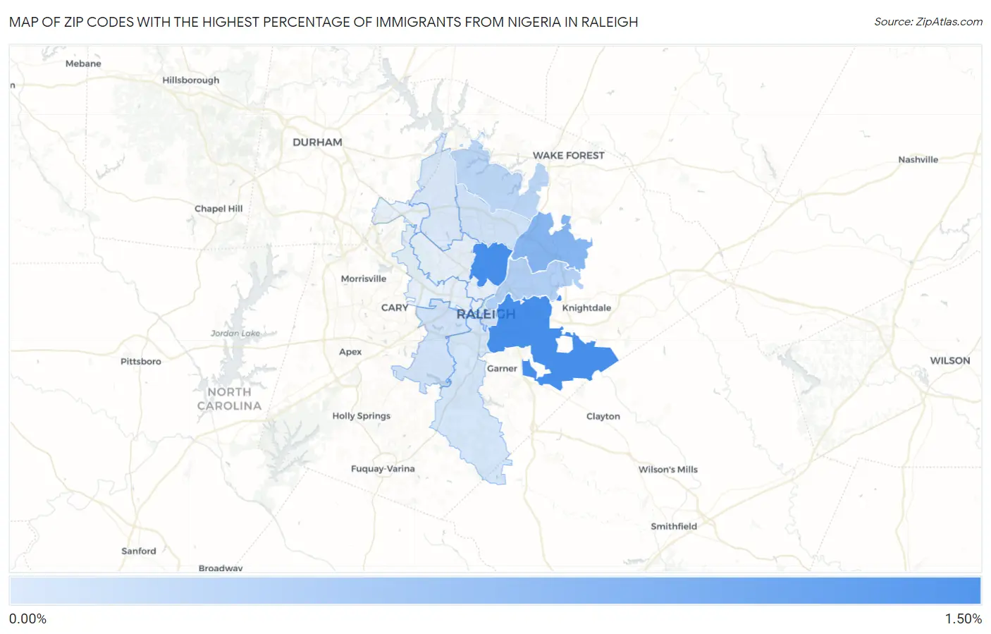 Zip Codes with the Highest Percentage of Immigrants from Nigeria in Raleigh Map