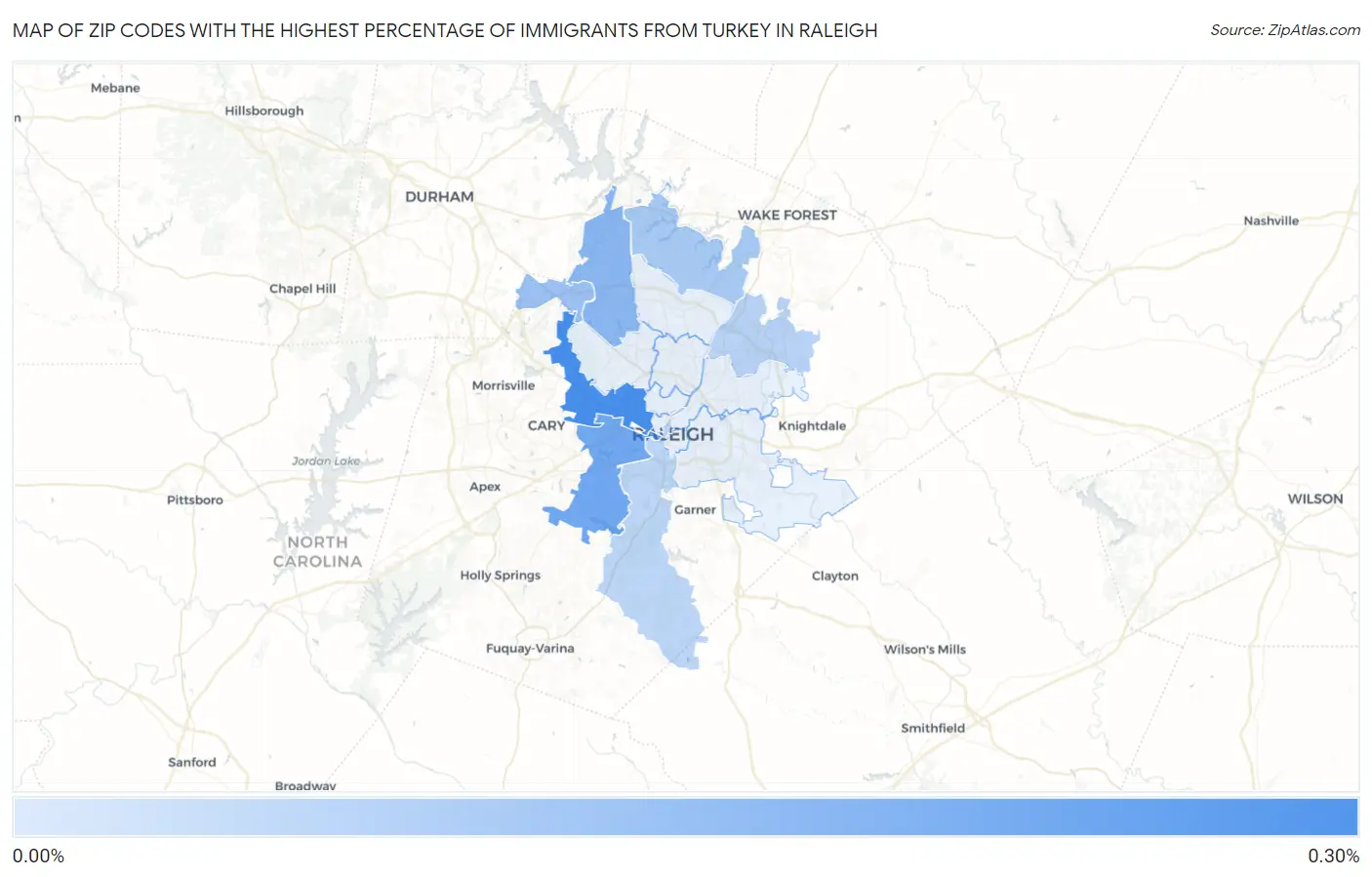 Zip Codes with the Highest Percentage of Immigrants from Turkey in Raleigh Map