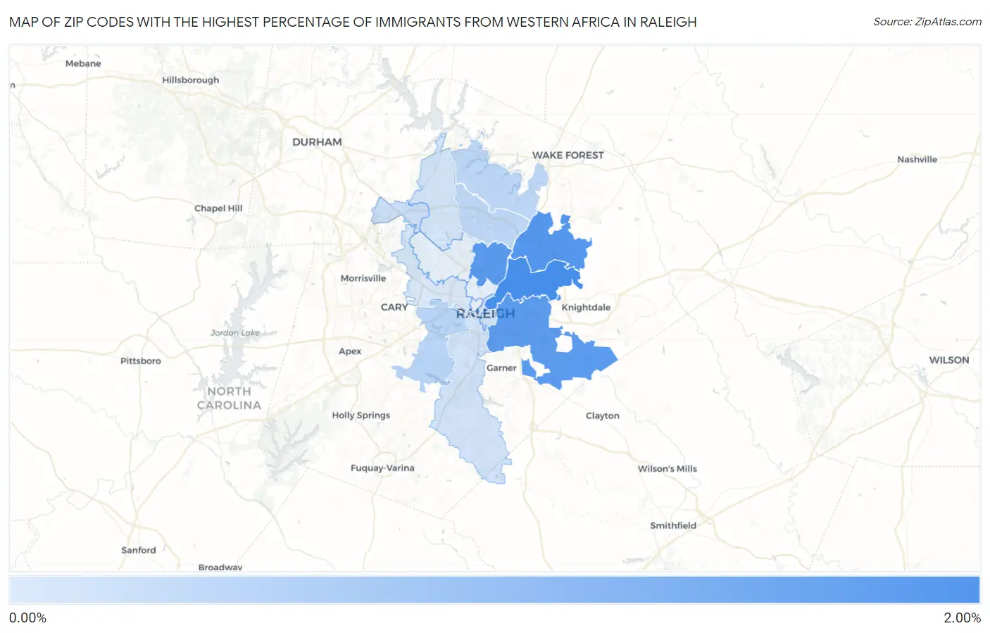Zip Codes with the Highest Percentage of Immigrants from Western Africa in Raleigh Map