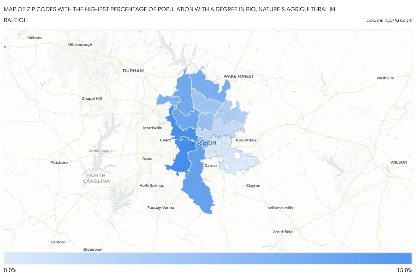 Zip Codes with the Highest Percentage of Population with a Degree in Bio, Nature & Agricultural in Raleigh Map