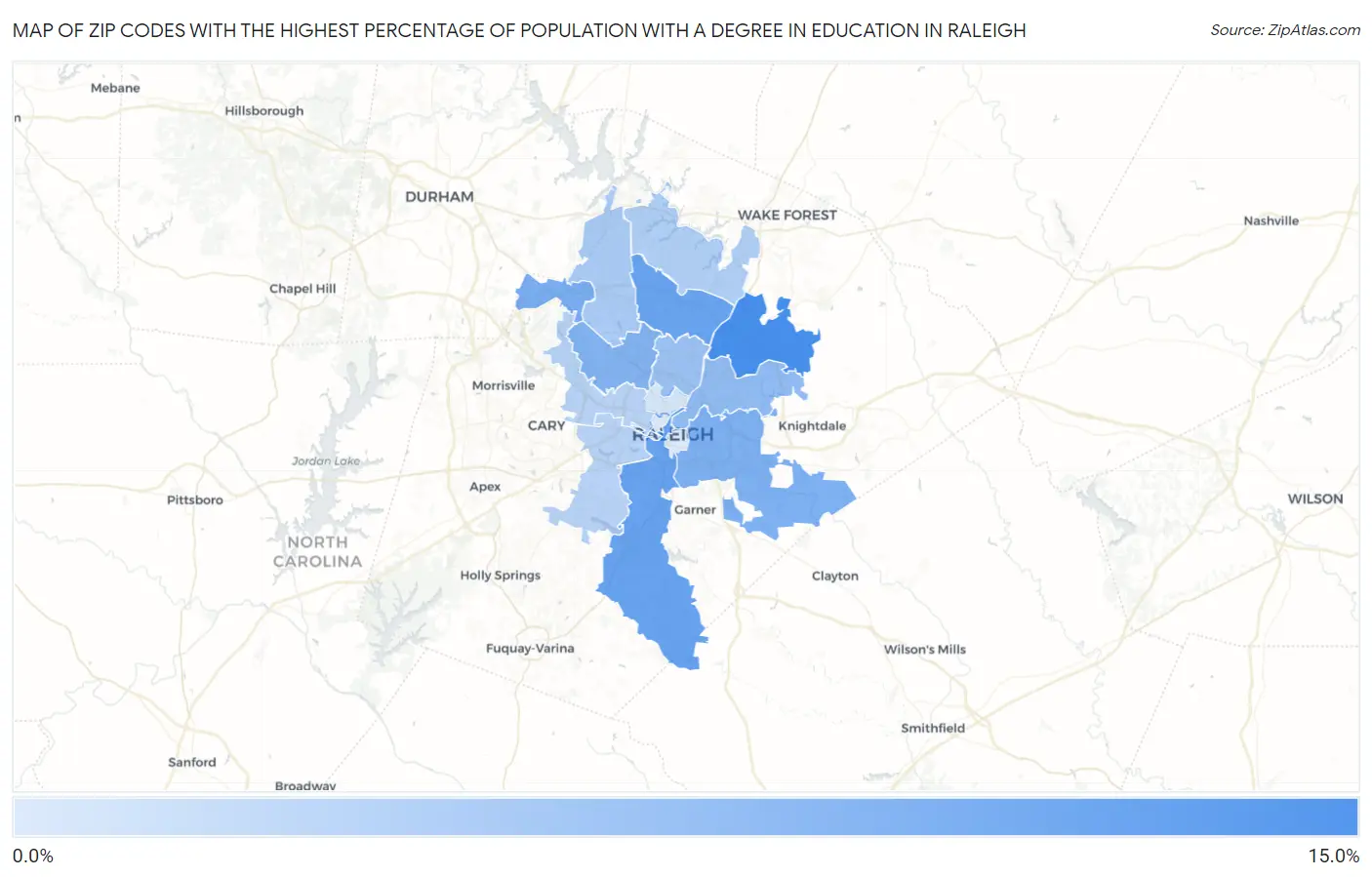 Zip Codes with the Highest Percentage of Population with a Degree in Education in Raleigh Map