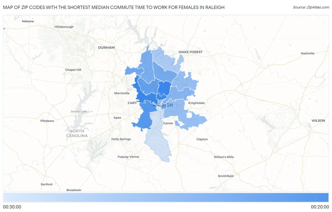 Zip Codes with the Shortest Median Commute Time to Work for Females in Raleigh Map